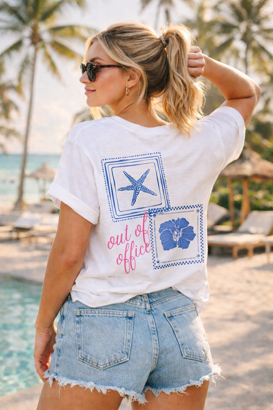 Beach Vacation T-Shirt — "Out of Office" Floral & Starfish Graphic