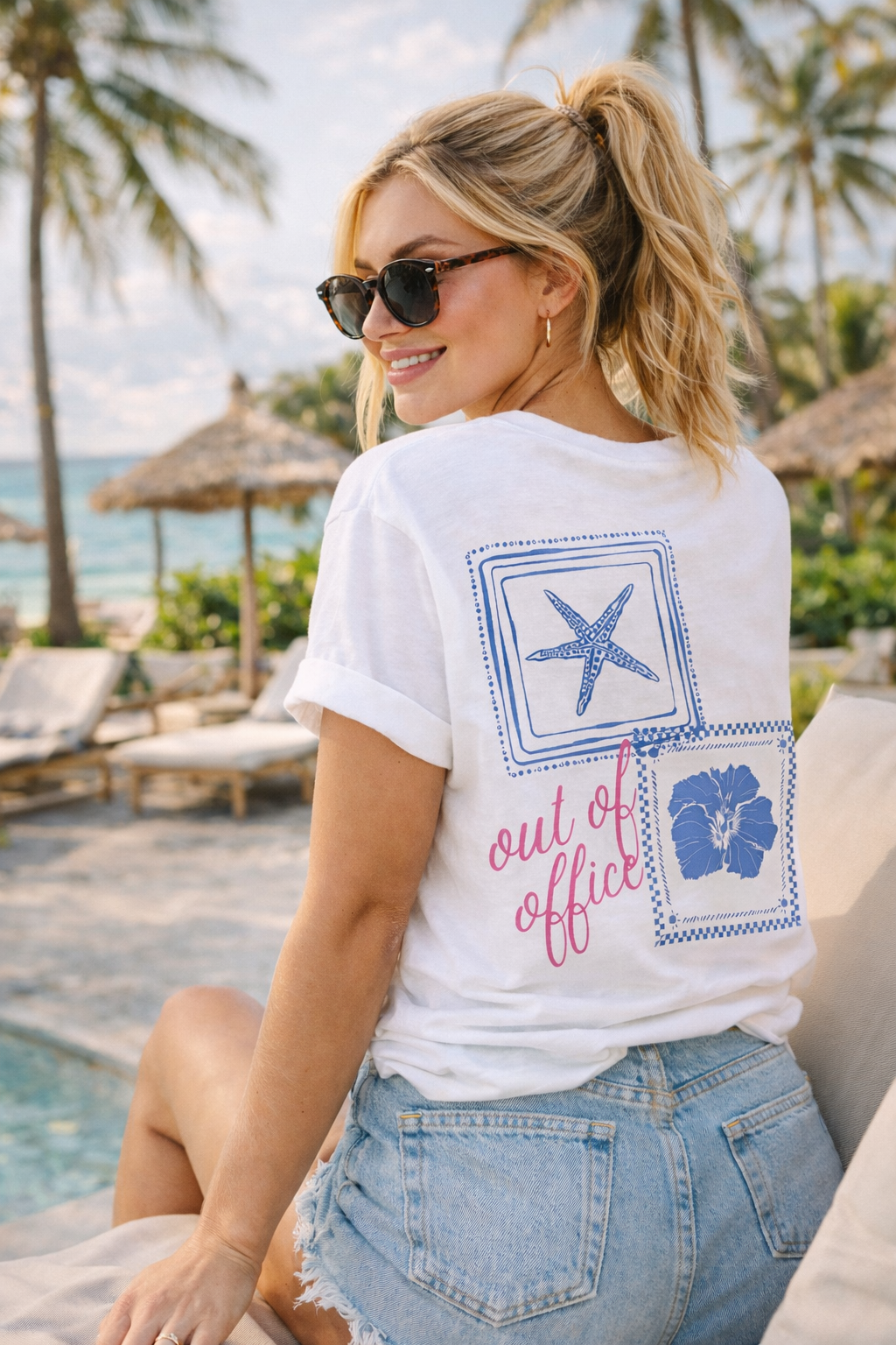 Beach Vacation T-Shirt — "Out of Office" Floral & Starfish Graphic